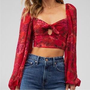 🔆 For Love And Lemons Red Puff Sleeve Trisha Crop Top